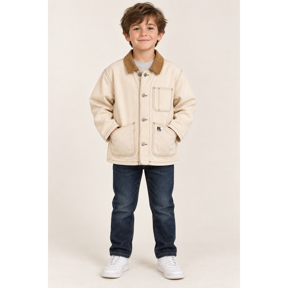 HM Kids Power Duty Canvas Chore Jacket Cream Tan Corduroy Collar Size 7-8Y